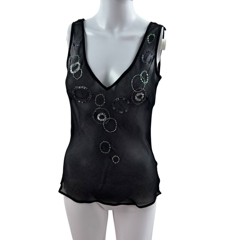 Y2K  Womens 8 Sheer Black Top Sequin Embellishment Tank By TU Artsy Fairy Goth